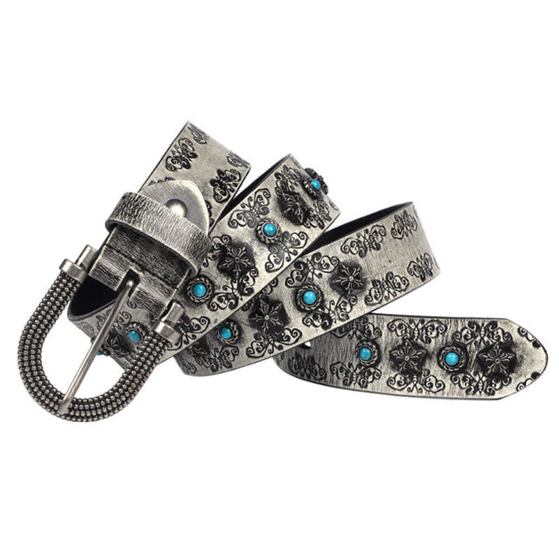 Men's Rivet Butterfly Carving Turquoise Inlay Leather Belt