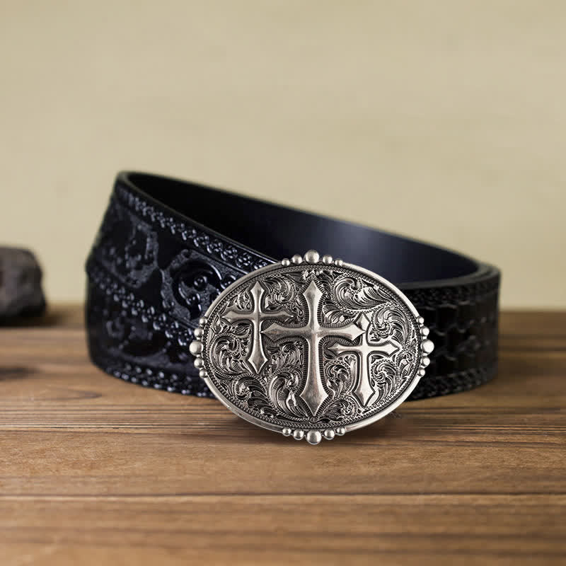 Men's DIY Western Scroll Cross Buckle Leather Belt