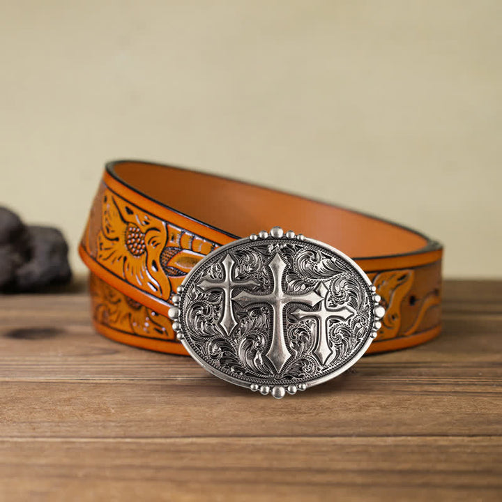 Men's DIY Western Scroll Cross Buckle Leather Belt