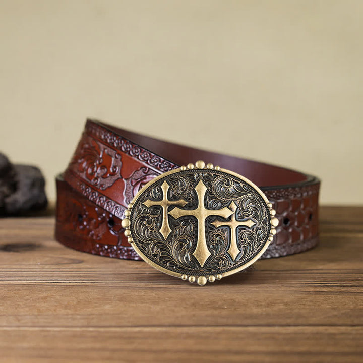 Men's DIY Western Scroll Cross Buckle Leather Belt