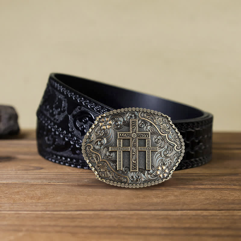 Men's DIY Western Scroll Cross Buckle Leather Belt