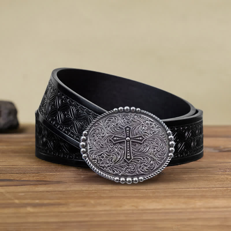 Men's DIY Western Scroll Cross Buckle Leather Belt