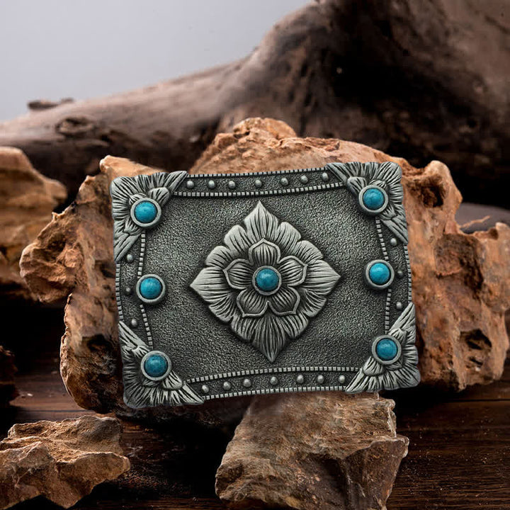 Men's DIY Western Turquoise Rectangular Buckle Leather Belt