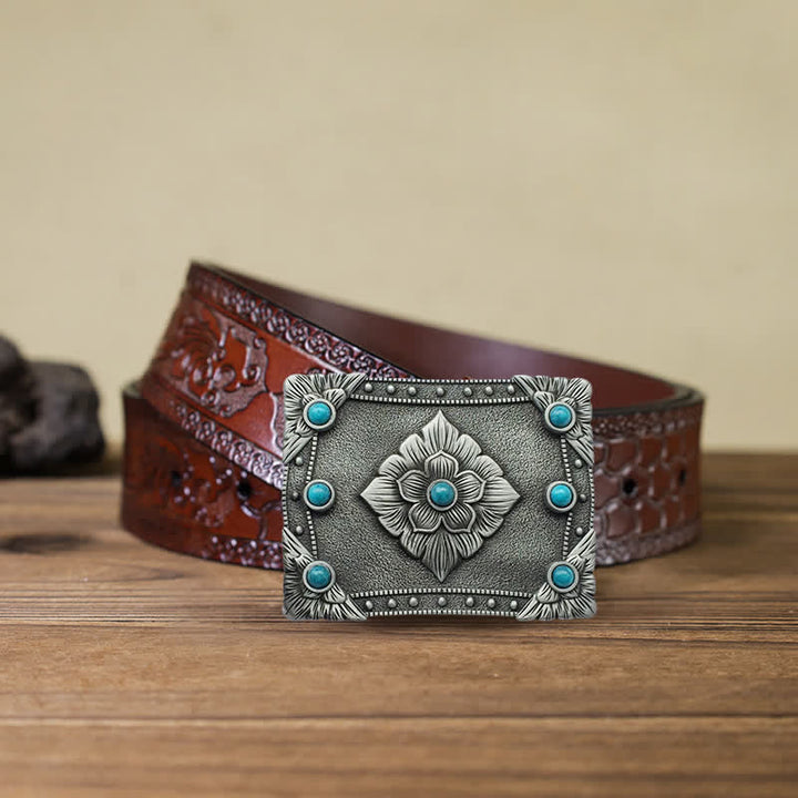 Men's DIY Western Turquoise Rectangular Buckle Leather Belt