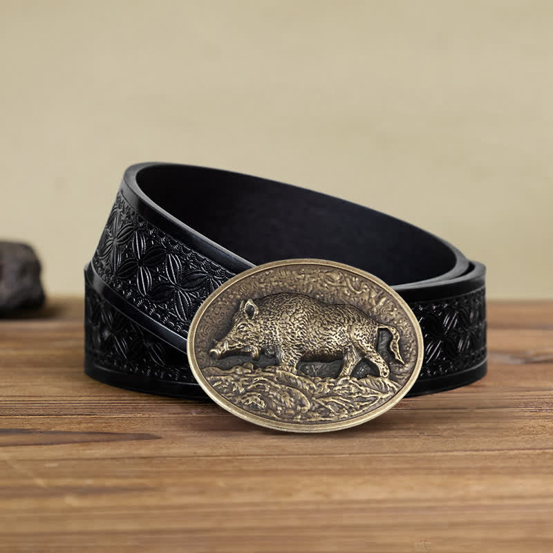 Men's DIY Hunter Wild Boar Buckle Leather Belt