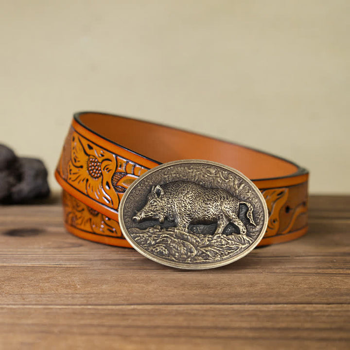 Men's DIY Hunter Wild Boar Buckle Leather Belt