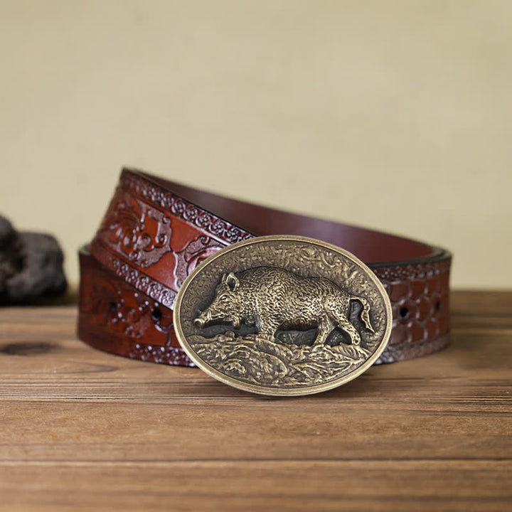 Men's DIY Hunter Wild Boar Buckle Leather Belt