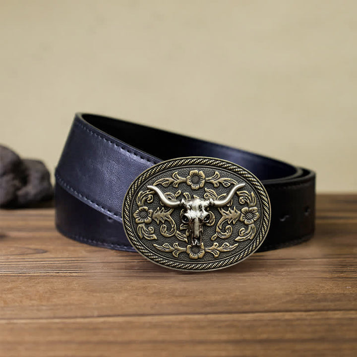 Men's DIY Bull Head Flower Carving Buckle Leather Belt