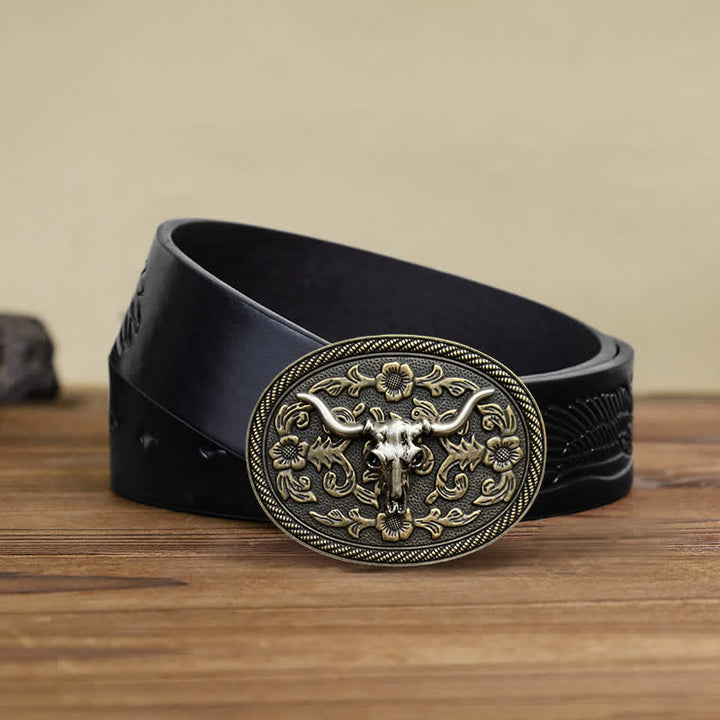 Men's DIY Bull Head Flower Carving Buckle Leather Belt