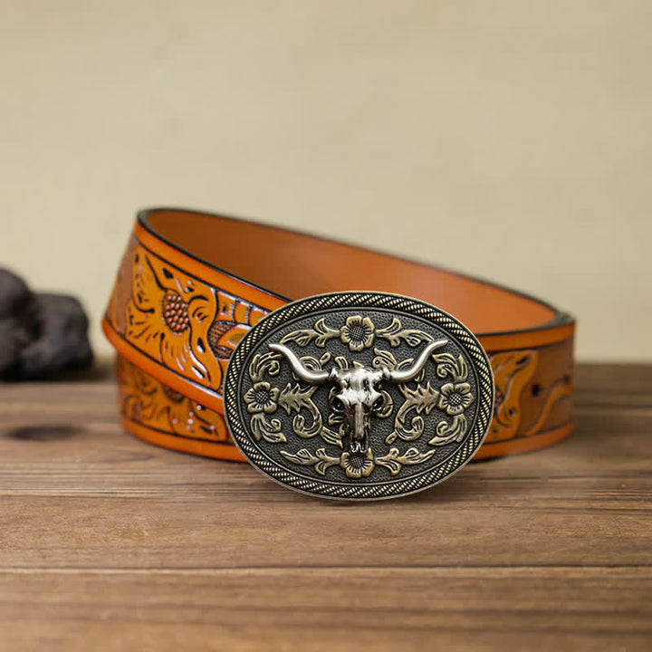 Men's DIY Bull Head Flower Carving Buckle Leather Belt