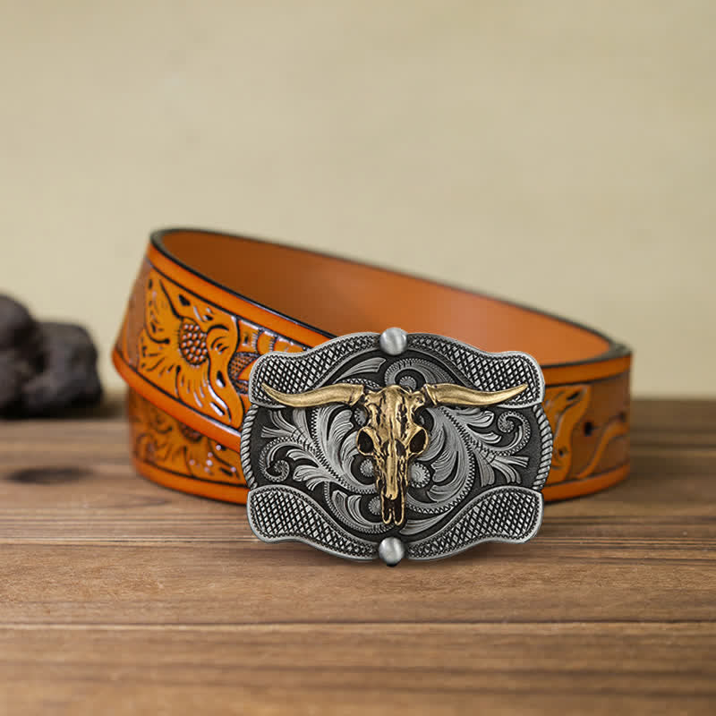 Men's DIY Texas Longhorn Bull Buckle Leather Belt