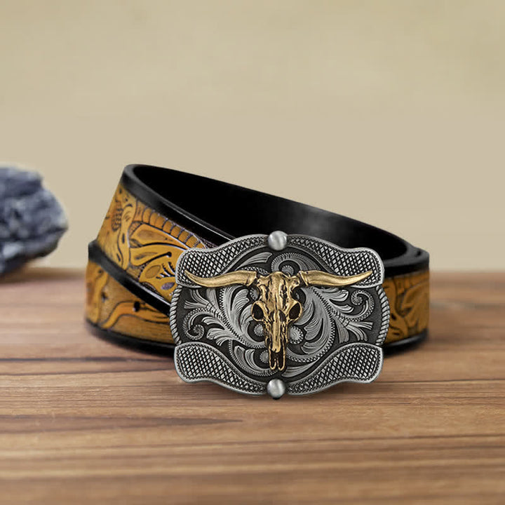 Men's DIY Texas Longhorn Bull Buckle Leather Belt