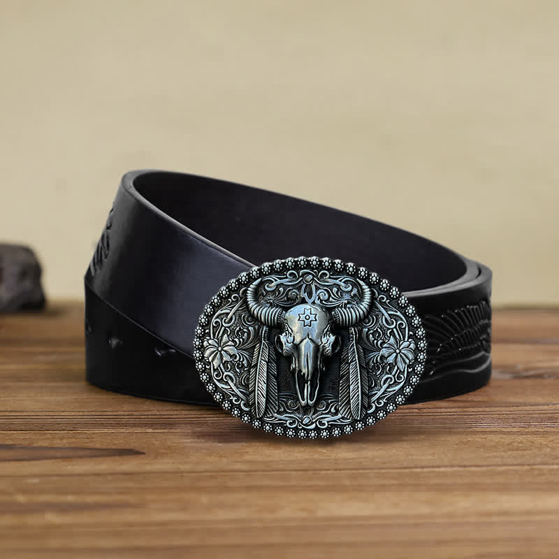 Men's DIY Bull Ethnic Feather Decor Buckle Leather Belt