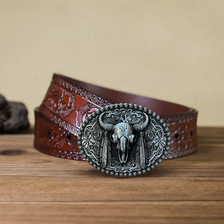 Men's DIY Bull Ethnic Feather Decor Buckle Leather Belt