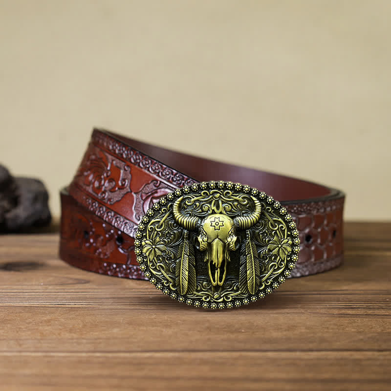 Men's DIY Bull Ethnic Feather Decor Buckle Leather Belt