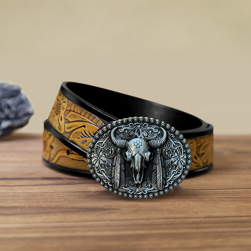 Men's DIY Bull Ethnic Feather Decor Buckle Leather Belt