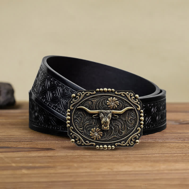 Men's DIY Bull Floral Rhinestone Buckle Leather Belt