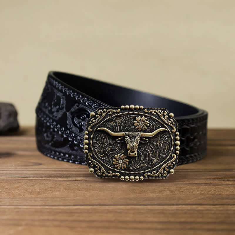 Men's DIY Bull Floral Rhinestone Buckle Leather Belt