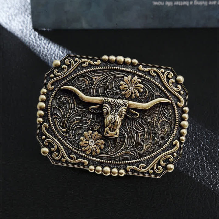 Men's DIY Bull Floral Rhinestone Buckle Leather Belt