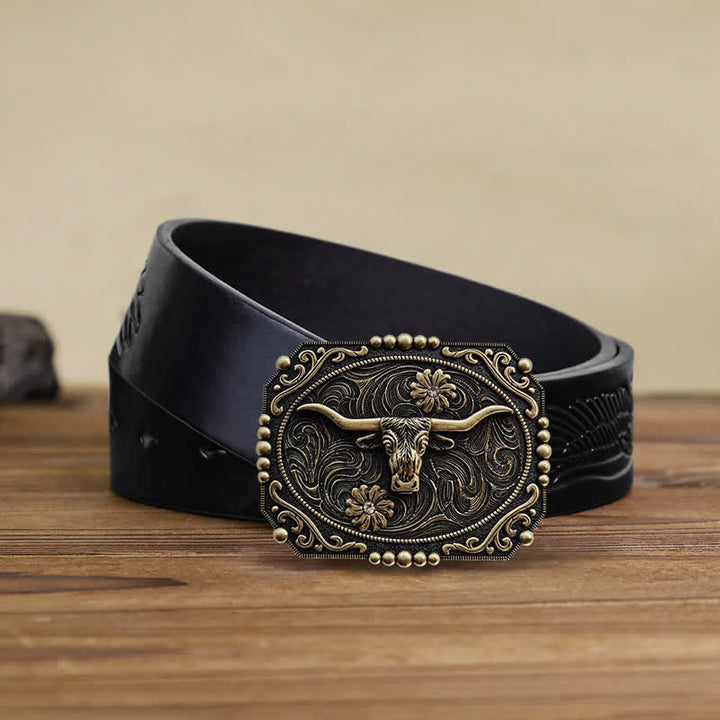 Men's DIY Bull Floral Rhinestone Buckle Leather Belt