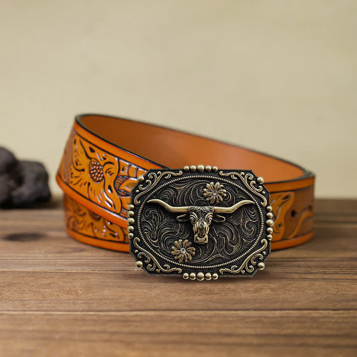 Men's DIY Bull Floral Rhinestone Buckle Leather Belt