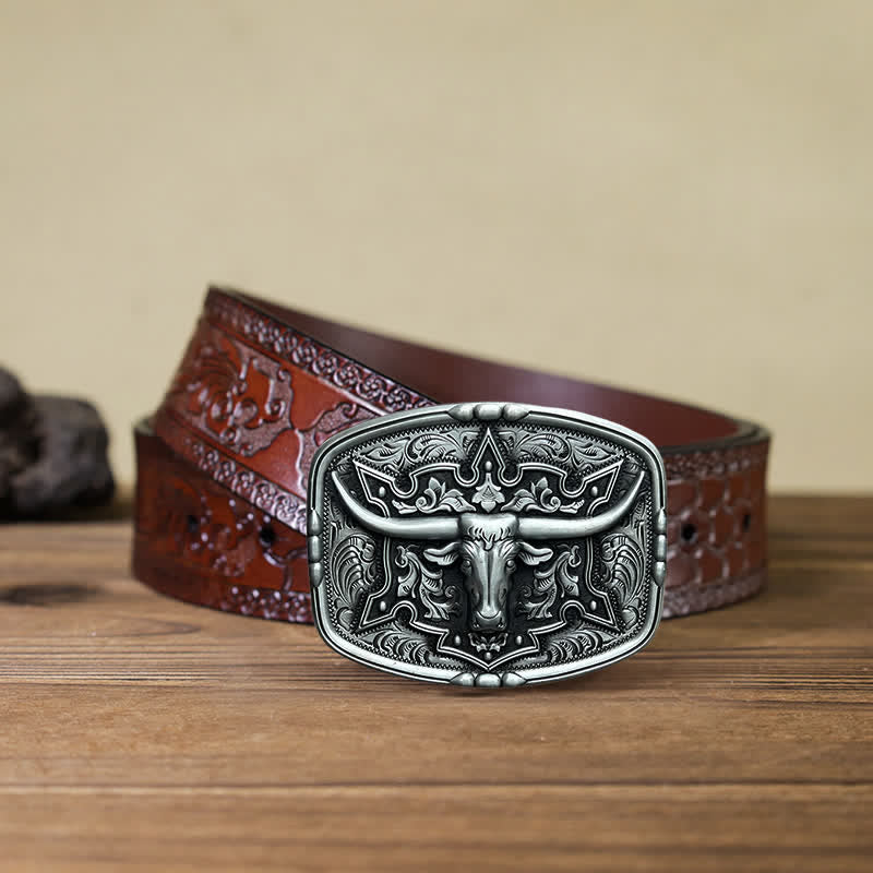 Men's DIY Raised Longhorn Bull Buckle Leather Belt