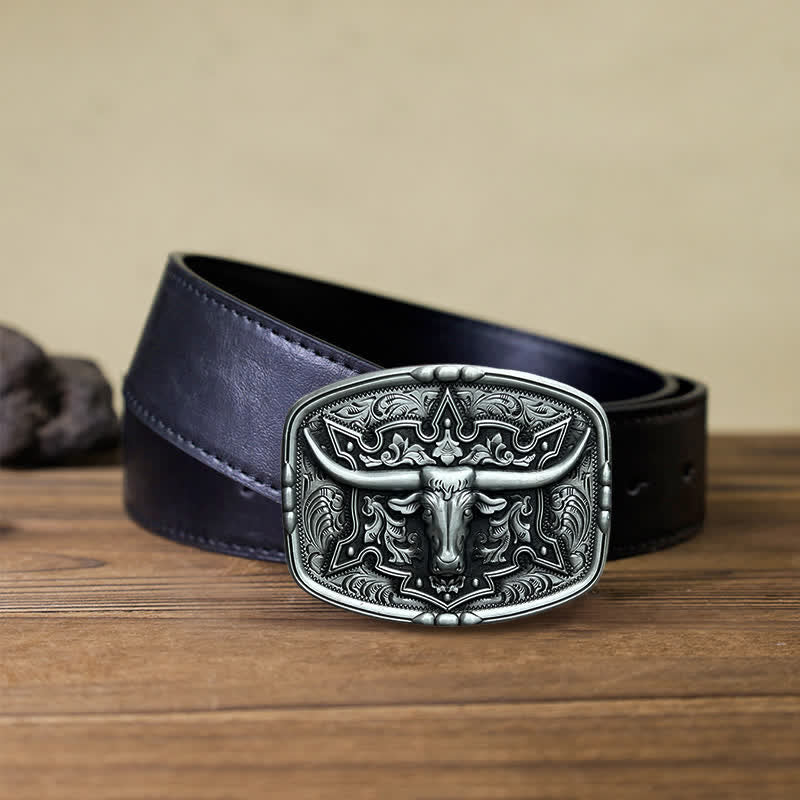 Men's DIY Raised Longhorn Bull Buckle Leather Belt