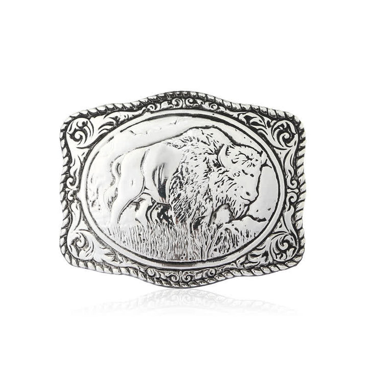 Men's DIY Silver Engraved Buffalo Buckle Leather Belt