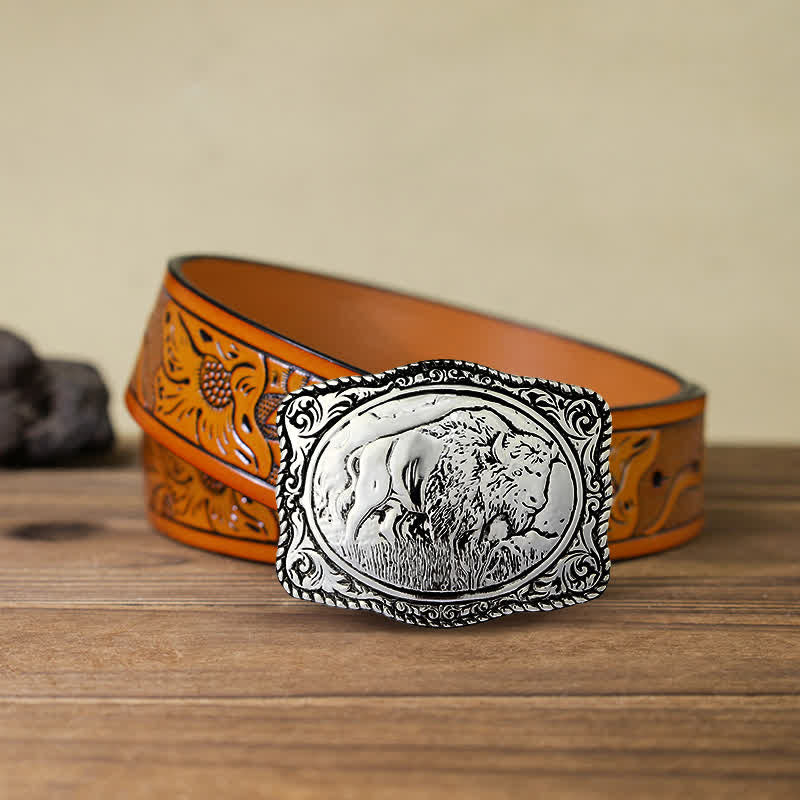 Men's DIY Silver Engraved Buffalo Buckle Leather Belt