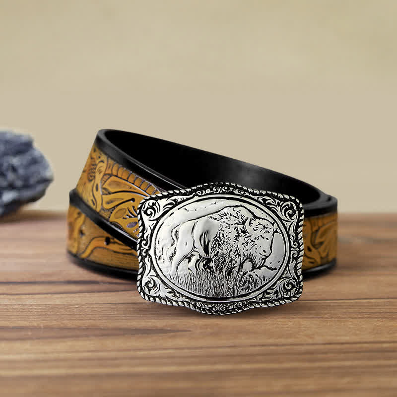 Men's DIY Silver Engraved Buffalo Buckle Leather Belt