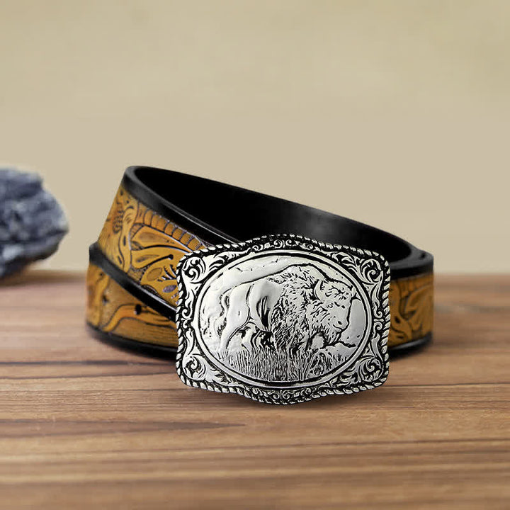 Men's DIY Silver Engraved Buffalo Buckle Leather Belt