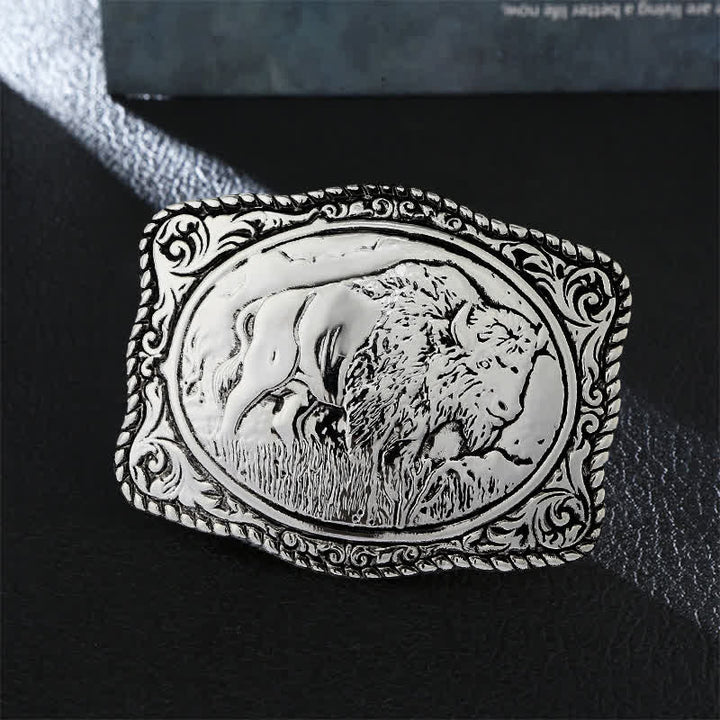 Men's DIY Silver Engraved Buffalo Buckle Leather Belt