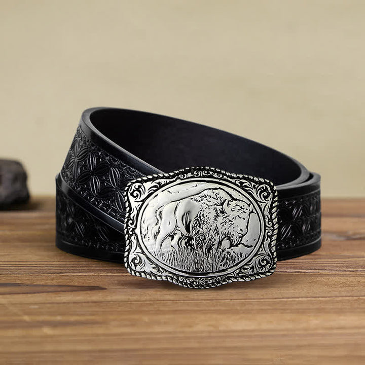 Men's DIY Silver Engraved Buffalo Buckle Leather Belt