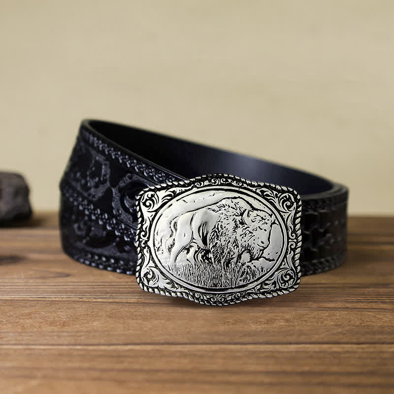 Men's DIY Silver Engraved Buffalo Buckle Leather Belt