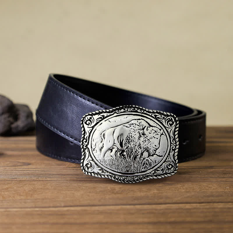 Men's DIY Silver Engraved Buffalo Buckle Leather Belt