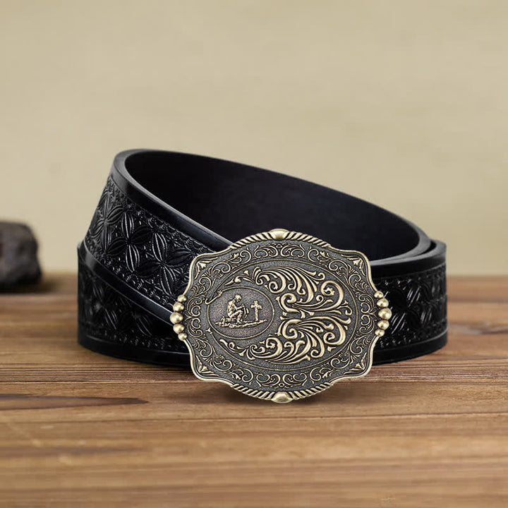 Men's DIY Religious Cross Pattern Buckle Leather Belt