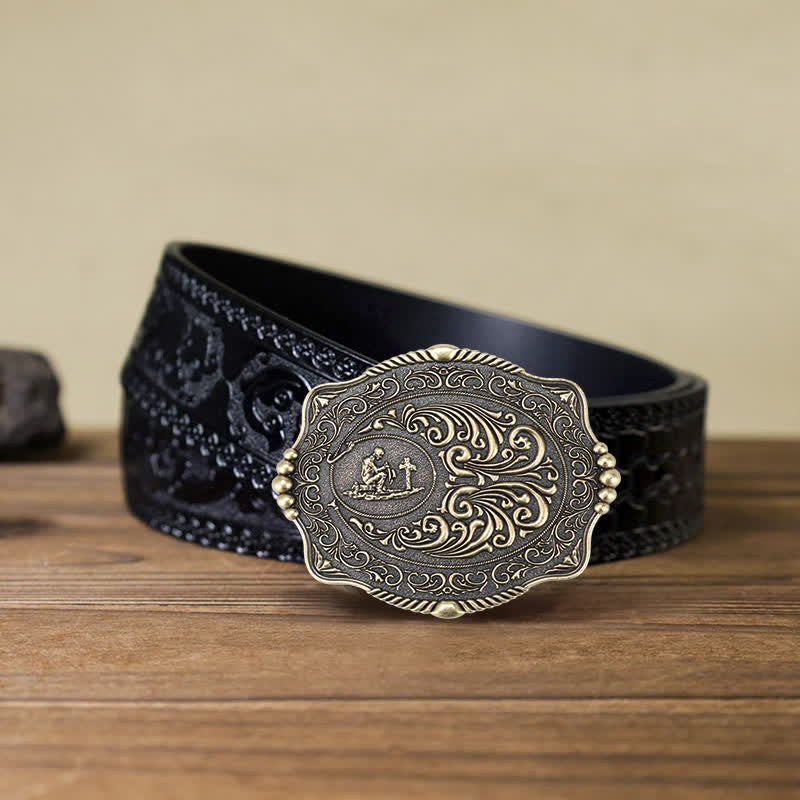 Men's DIY Religious Cross Pattern Buckle Leather Belt