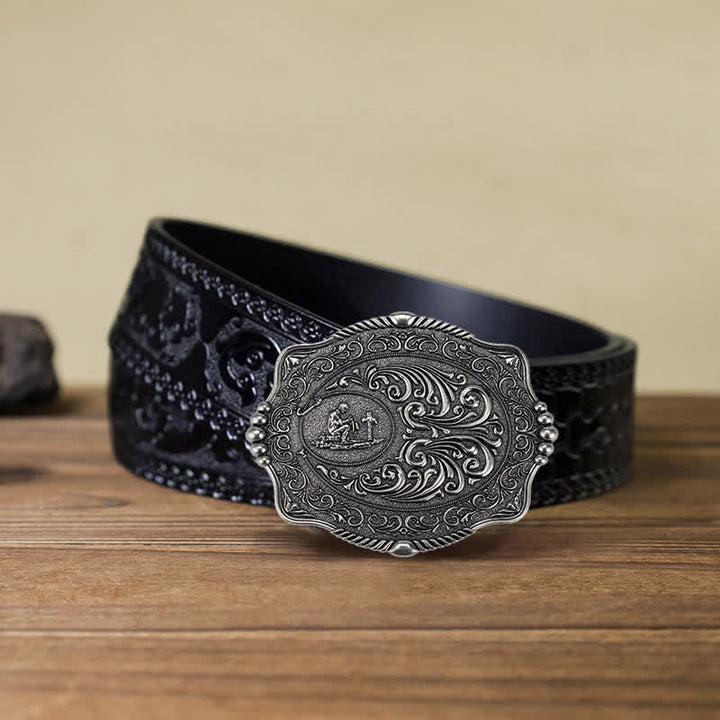 Men's DIY Religious Cross Pattern Buckle Leather Belt