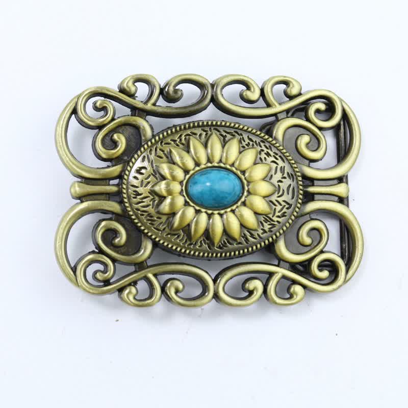 Men's DIY Antique Brass Turquoise Hollow Buckle Leather Belt