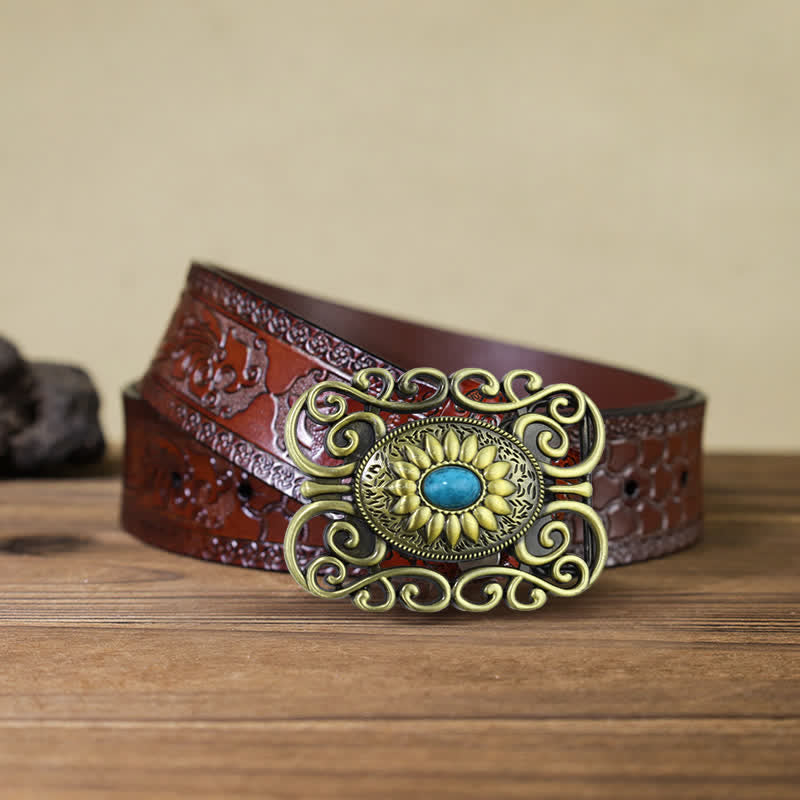 Men's DIY Antique Brass Turquoise Hollow Buckle Leather Belt