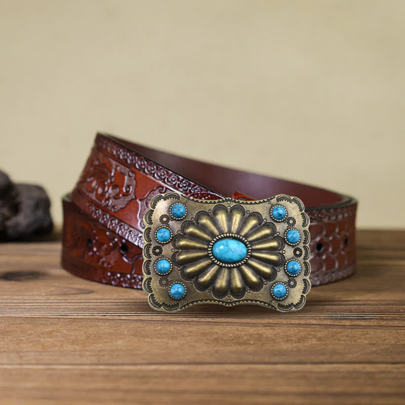 Men's DIY Western Turquoise Stone Rectangle Buckle Leather Belt