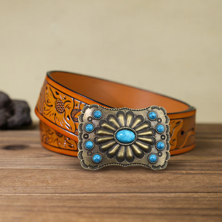 Men's DIY Western Turquoise Stone Rectangle Buckle Leather Belt