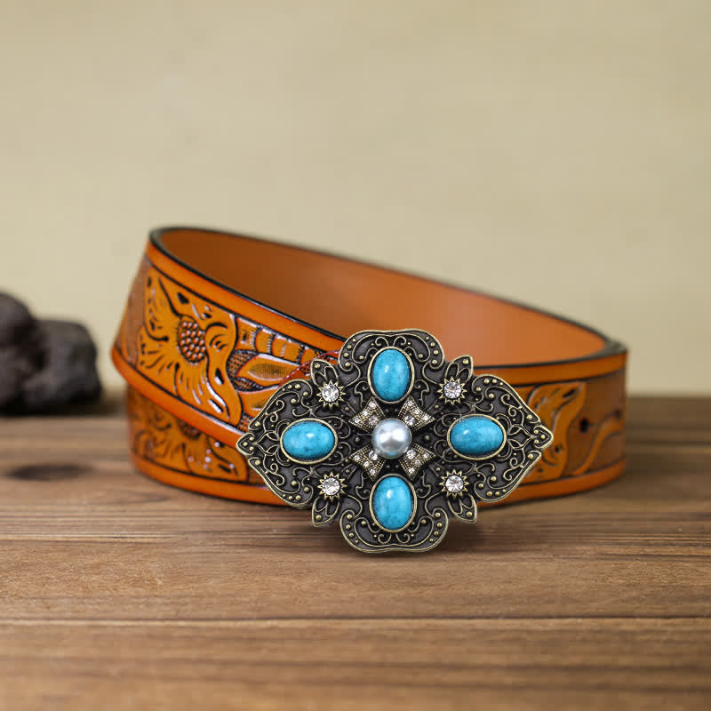 Men's DIY Decorative Stunning Turquoise Buckle Leather Belt