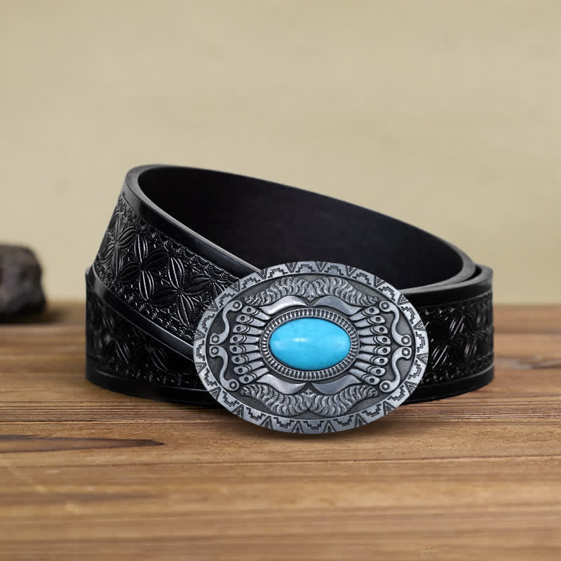 Men's DIY Indian Shield Turquoise Buckle Leather Belt