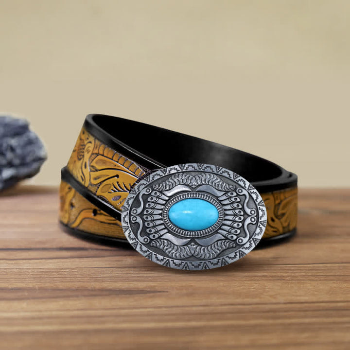 Men's DIY Indian Shield Turquoise Buckle Leather Belt