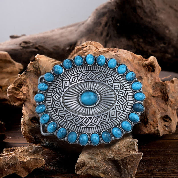 Men's DIY Oval Bohemia Turquoise Buckle Leather Belt