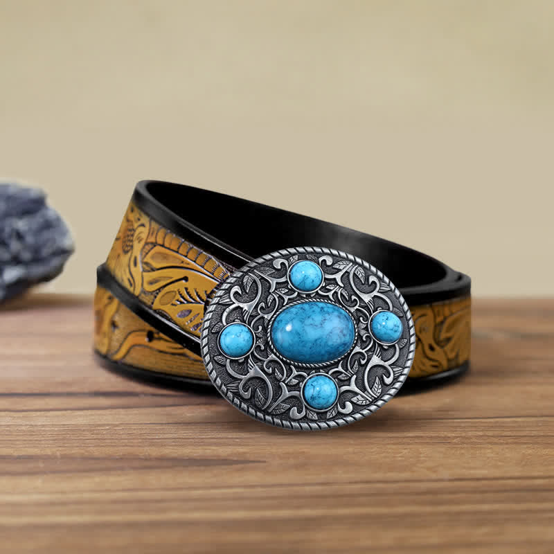 Men's DIY Western Cowboy Turquoise Buckle Leather Belt