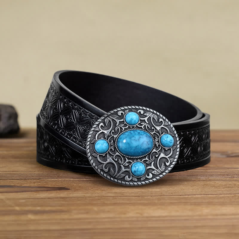 Men's DIY Western Cowboy Turquoise Buckle Leather Belt