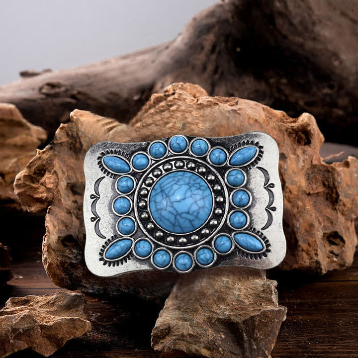 Men's DIY Rectangular Turquoise Stone Buckle Leather Belt