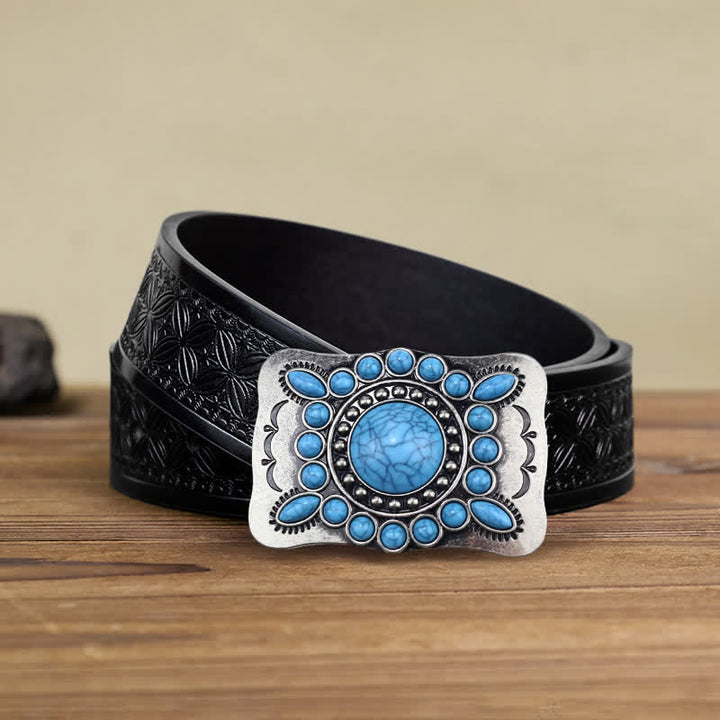 Men's DIY Rectangular Turquoise Stone Buckle Leather Belt